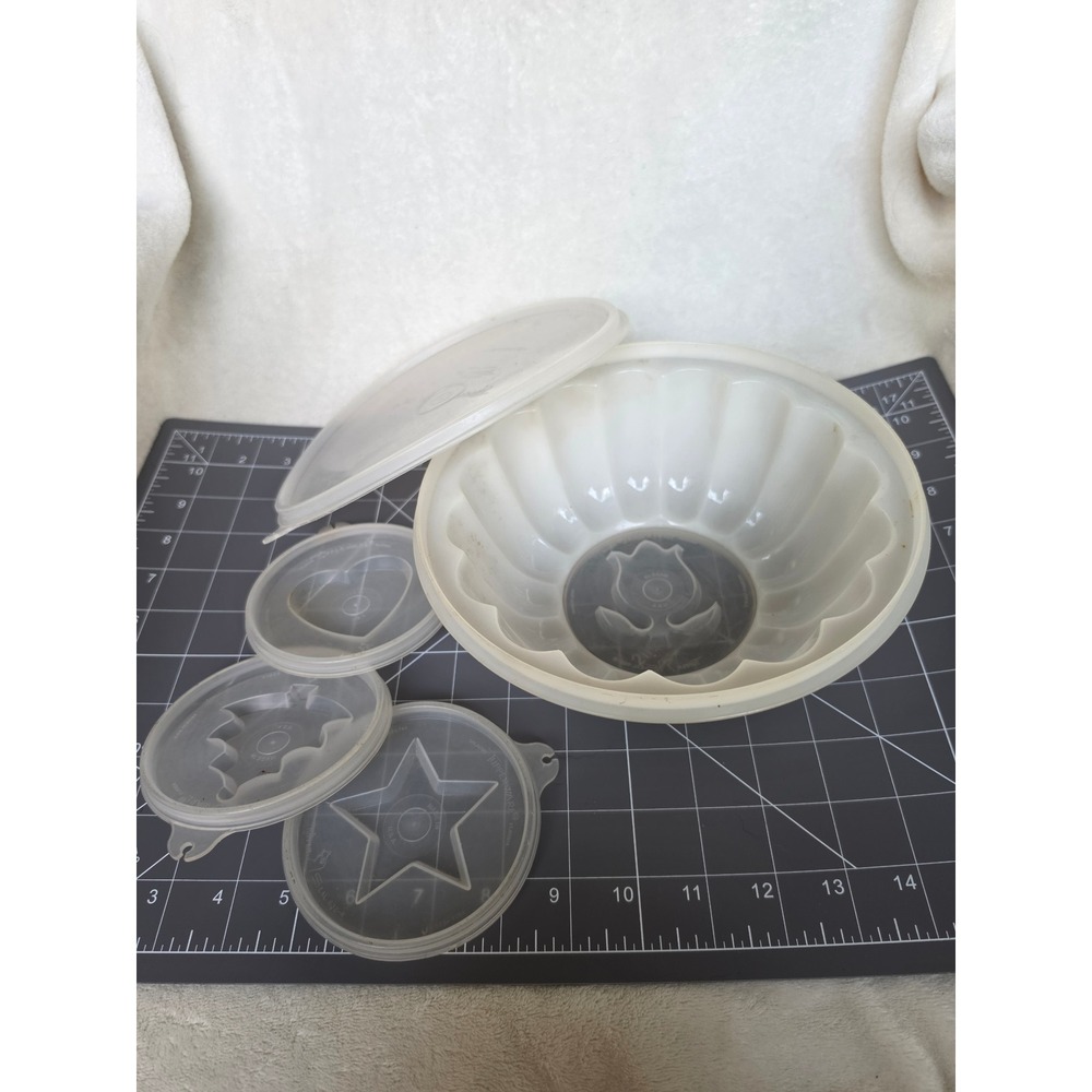 Vintage Tupperware Jel-Ring Jello Mold Set Sheer White with 4 Decorative Seals